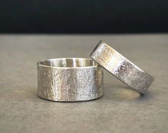 Textured Wide Band Wedding Band Pair, 10 mm and 6 mm