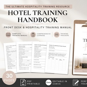 May include: A digital hotel training handbook featuring a front desk and hospitality training manual with 30 pages. The document includes sections for property overview, guestroom information, safety, emergency procedures, and leadership career growth.