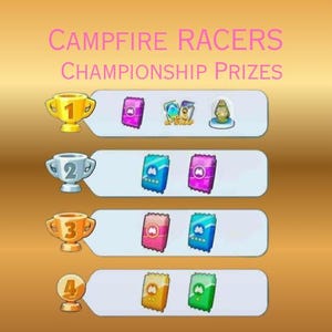 May include: An image with the text "Campfire Racers Championship Prizes" in pink. The image displays four rows of prizes, each with a trophy and various game items. The first row has a gold trophy and purple game items. The second row has a silver trophy and blue and purple game items.