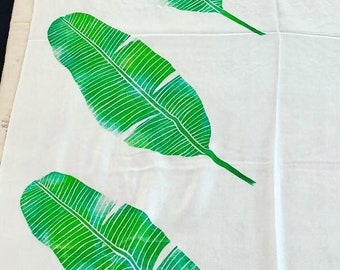 Shawl, White, with Green & Yellow Maiʻa (Hawaiian Banana) Leaf Block Prints