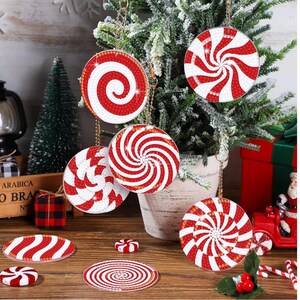 Posavasos con pintura de diamantes en forma de bastón de caramelo, juego completo de 8, posavasos navideños, posavasos festivos, posavasos festivos para bebidas, arte de diamantes