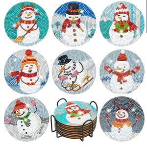 Posavasos con pintura de diamantes de muñeco de nieve, juego completo de 8, posavasos navideños, posavasos festivos, posavasos festivos para bebidas, arte de diamantes