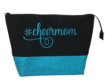 Large Zippered Embroidered Cheer Mom Makeup Bag, Black and Turquoise Sequin Bag