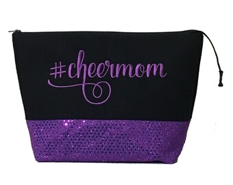 Large Zippered Embroidered Cheer Mom Makeup Bag, Black and Purple Sequin Bag