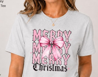 Merry Merry Merry Christmas Shirt, Pink Bow Christmas Tee, Coquette Holiday Shirt, Retro Christmas Shirt, Cute Gift
