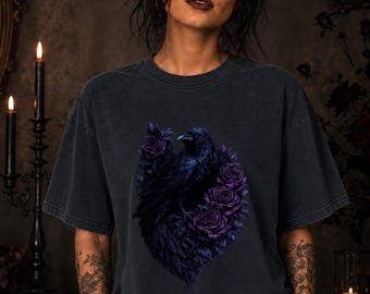 Gothic Raven Shirt, Purple Rose Tee, Dark Romance Graphic Tee, Witchy Black Bird Aesthetic Gift