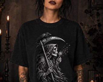 Grim Reaper Shirt, Raven Gothic Tee, Dark Fantasy Skeleton Graphic, Comfort Colors 1717, Alternative Gift