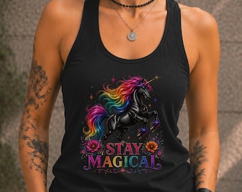 Stay Magical Racerback, Rainbow Unicorn Apparel, Pride Support Gift, Fantasy Lover Top, Colorful Summer Activewear