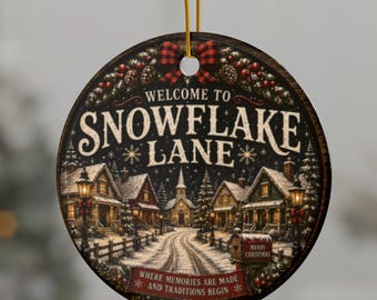 Snowflake Lane Christmas Ornament, Vintage Village Ornament, Cozy Christmas Tree Decor, Porcelain Holiday Keepsake, Gift Set, Double-Sided (