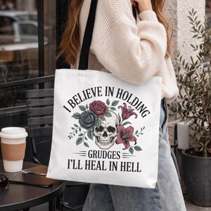 gothic tote bag with skull and floral design on canvas bag