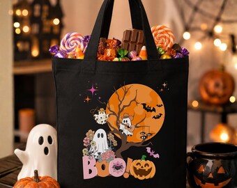 Halloween Cotton Canvas Tote Bag: Ghost & Pumpkin Design