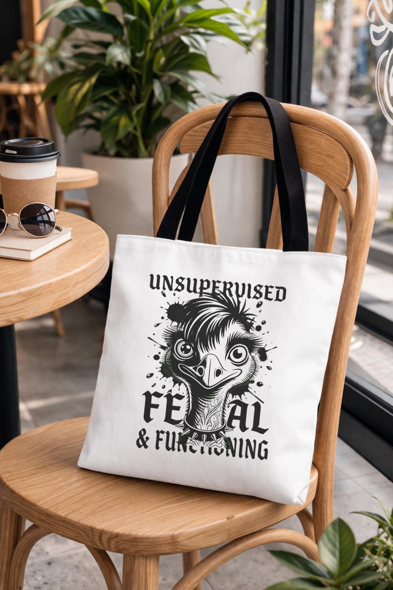 sarcastic quote tote bag on a chair with trendy edgy text design