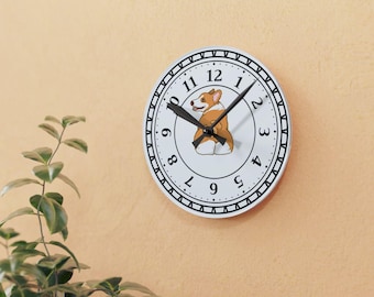 Relógio de parede Corgi, Relógio de cachorro fofo, Arte de parede em acrílico, Presente para amantes de animais, Decoração de casa exclusiva, Presente para mãe de cachorro