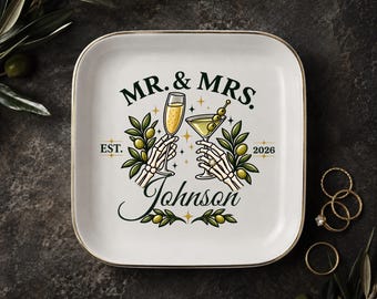 Gothic Wedding Gift, Personalized Ring Dish, Mr and Mrs Jewelry Tray, Custom Last Name Keepsake, Dark Romance Gift