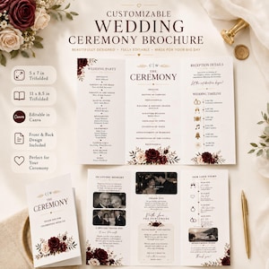Editable Wedding Ceremony Brochure Canva Template | Trifold Wedding Program | Burgundy Floral Digital Download