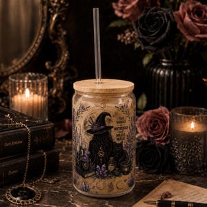 Lata de cristal con diseño de bruja, tapa de bambú y pajita, vajilla de estilo romántico oscuro, regalo de bruja estilo cottagecore, taza con estética de luna de cristal, vaso de café místico