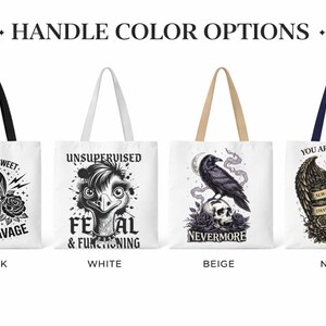 A image of all the different handle color options, with a gothic tote bag designs to choose from.