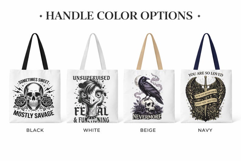 A image of all the different handle color options, with a gothic tote bag designs to choose from.