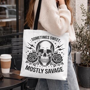 skull tote bag with roses and edgy gothic illustration