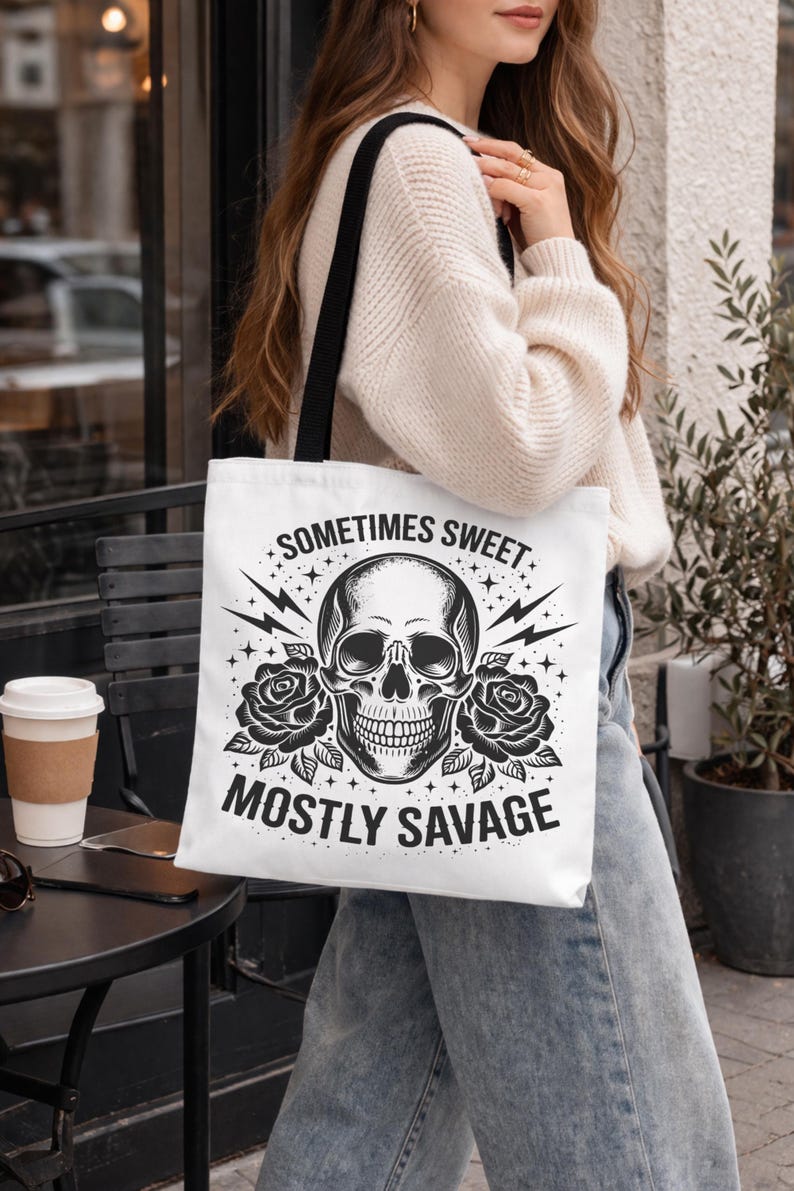 skull tote bag with roses and edgy gothic illustration