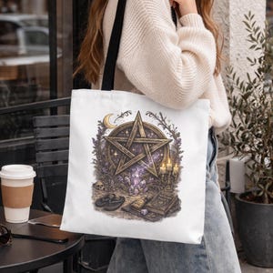 witchy aesthetic tote bag with pentacle and crystal symbol