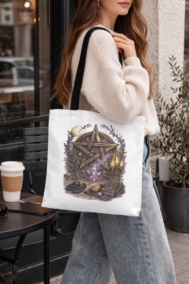 witchy aesthetic tote bag with pentacle and crystal symbol