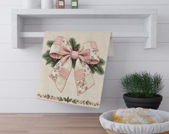 Strofinaccio da cucina rosa con fiocco natalizio, decorazione vintage per la cucina durante le feste, asciugamano in cotone avorio, regalo di Natale per la padrona di casa