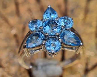 Blue Topaz Flower Ring, 925 Sterling Silver, Swiss Blue Gemstone