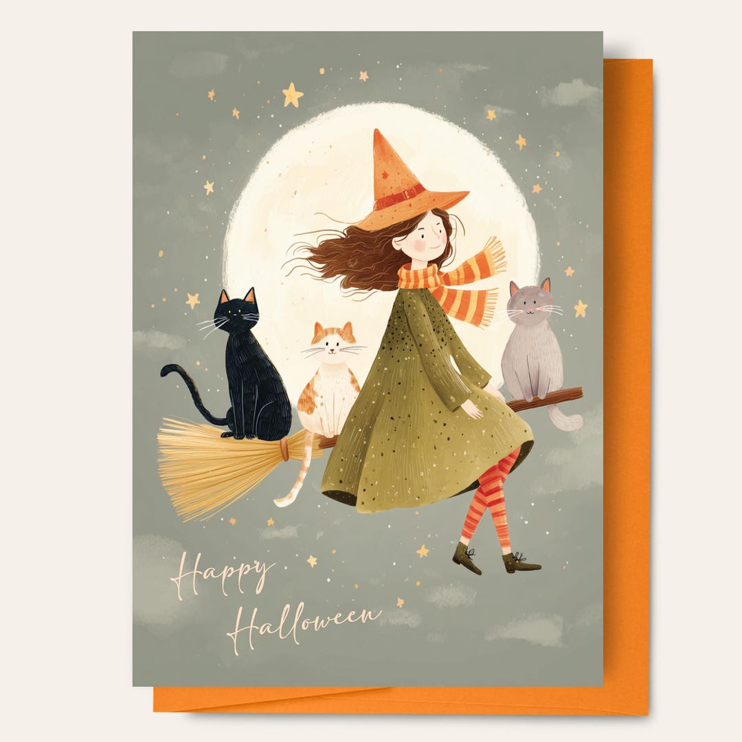 Halloween Witch Greeting Card Cute Witch Flying on Broomstick With Cats ...