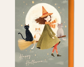 Halloween Witch Greeting Card Cute Witch Flying on Broomstick with Cats
