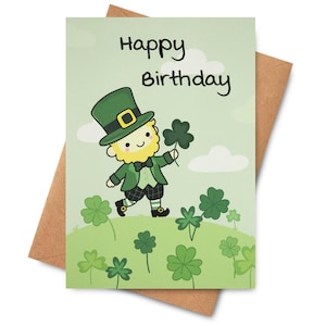 Carte d'anniversaire de la Saint-Patrick, carte d'anniversaire de mars avec lutin, pot d'or, trèfle et trèfle à quatre feuilles, carte de Saint-Paddy, mignon