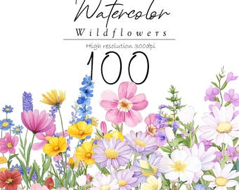 May include: A watercolor illustration of 100 wildflowers in various shades of pink, yellow, blue, and white. The flowers are arranged in a border along the bottom of the image. The text "Watercolor Wildflowers High resolution 300dpi 100" is at the top of the image.