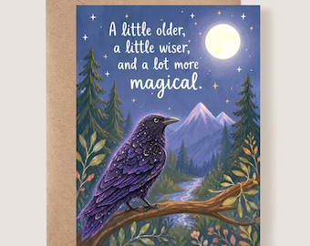 Carte d'anniversaire corbeau, carte d'anniversaire magique, cadeau pour amoureux de la nature, carte unique oiseau, carte forêt lune