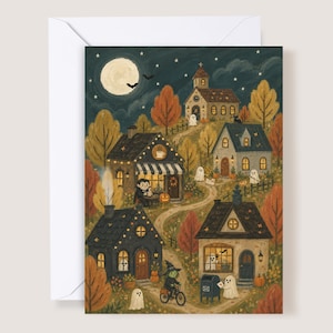 Whimsical Halloween Village Card: Spooky Ghost Town, Witch, Vampire, Autumn Greeting Card