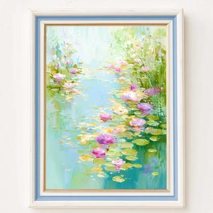 Water Lily Pond Print Impressionist Wall Art Floral Painting Botanical Landscape Canvas Watercolor Style Home Decor Housewarming Gift