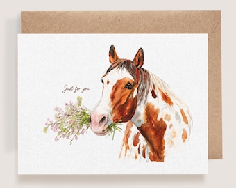 Horse Greeting Card for Friend Handmade Horse Notecard Pinto Horse holding Flowers