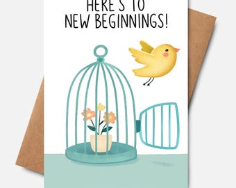 Retirement Card Farewell Greeting Card for Coworker Here's To New Beginnings Bird Card Gift Idea Divorce Card for Friend New Chapter Gift