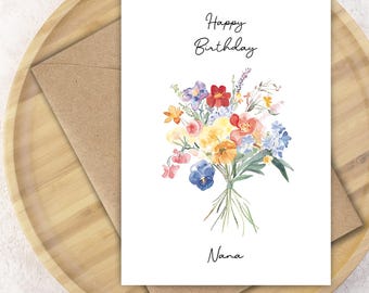 Wildflower Bouquet Birthday Card for Mom Custom Name Card Floral Gift Idea Beautiful Card from Son or Daughter Personalised Birthday Card