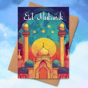 Eid Mubarak Greeting Card - Crescent Moon & Stars, Perfect Eid Gift for Her or Him, Family, Eid Celebration Card Pack, Happy Eid,