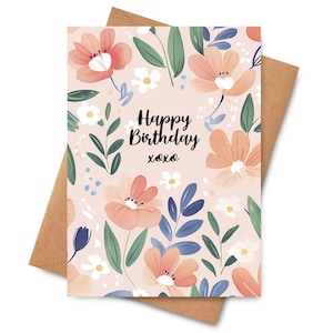 Joyeux anniversaire XOXO carte de voeux imprimé floral rose pour lui pour elle, motif fleur, carte de voeux cadeau pour grand-mère, maman, fille, soeur