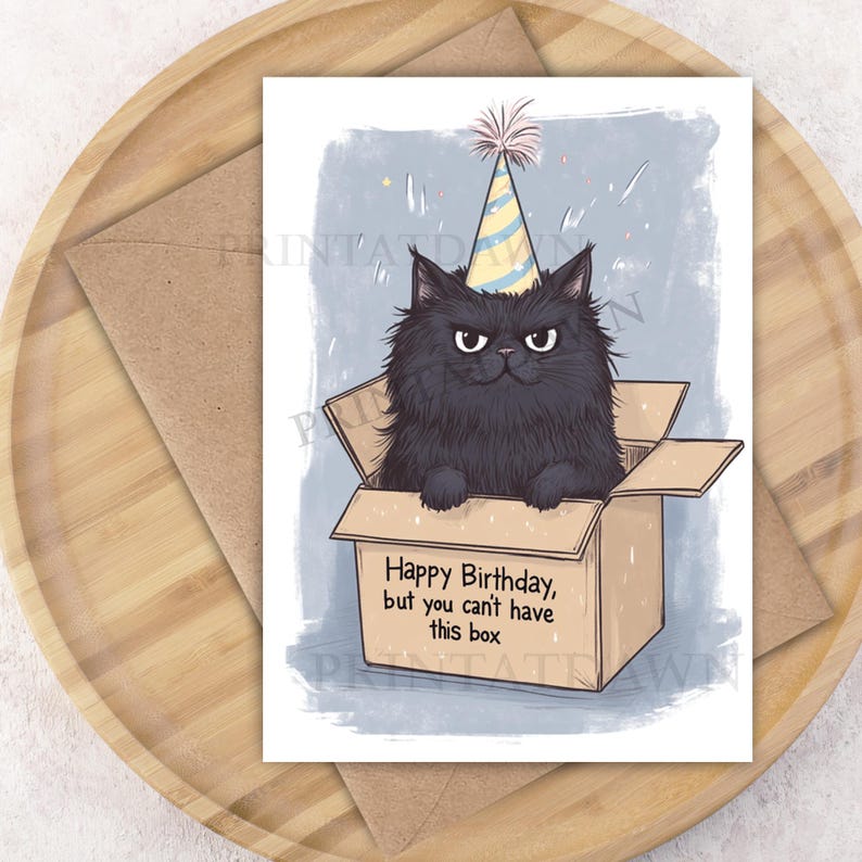 Peut inclure: Carte d'anniversaire avec un chat noir en col&egrave;re portant un chapeau de f&ecirc;te dans une bo&icirc;te en carton. Le texte dit : "Joyeux anniversaire, mais tu ne peux pas avoir cette bo&icirc;te."
