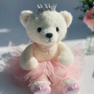May include: A white teddy bear wearing a silver crown, pink tutu, and matching ballet slippers. The plush toy has a black nose and eyes, and a pink ribbon necklace with a heart pendant. The bear is sitting, with its arms at its sides.