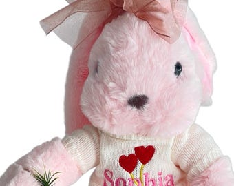Personalized Bunny| Easter Bunny Stuffed Animal| Embroidered Rabbit Plush|Monogrammed Bunny White Gray Beige Pink Bunny Easter Gift Boy Girl