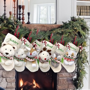 Bas de famille avec nom brodé 2024 bas mignons rouge blanc pour garçon fille enfants - ours, lapin, pingouin, renard, renne