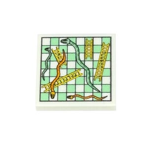 May include: A square game tile with a Snakes and Ladders board design. The tile has a white background with a green and white chequered pattern. The game board includes yellow ladders and brown and green snakes.