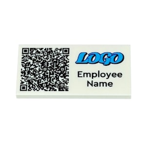 May include: A rectangular employee name badge. It features a QR code on the left, the word "LOGO" in blue, and the words "Employee Name" in black text.