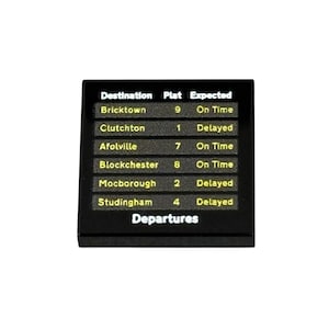 Train Departure Board -  Custom printed Lego® 2x2 tile.  For all your train and station builds