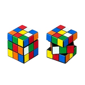 May include: Two Rubik's Cubes are shown, one complete and one partially disassembled. The cubes are composed of a grid of coloured squares in red, blue, green, yellow, orange, and white. The background is plain white, highlighting the vibrant colours of the puzzles.