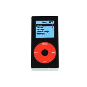 May include: A black iPod with a blue screen displaying menu options like "Music" and "Settings." It has a red circular control pad with a center button and directional arrows. The word "MENU" is printed on the device.
