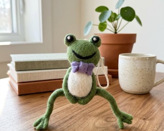 Handmade Felt Frog Doll with Bow Tie – Wool Ornament, Cottagecore Decor
